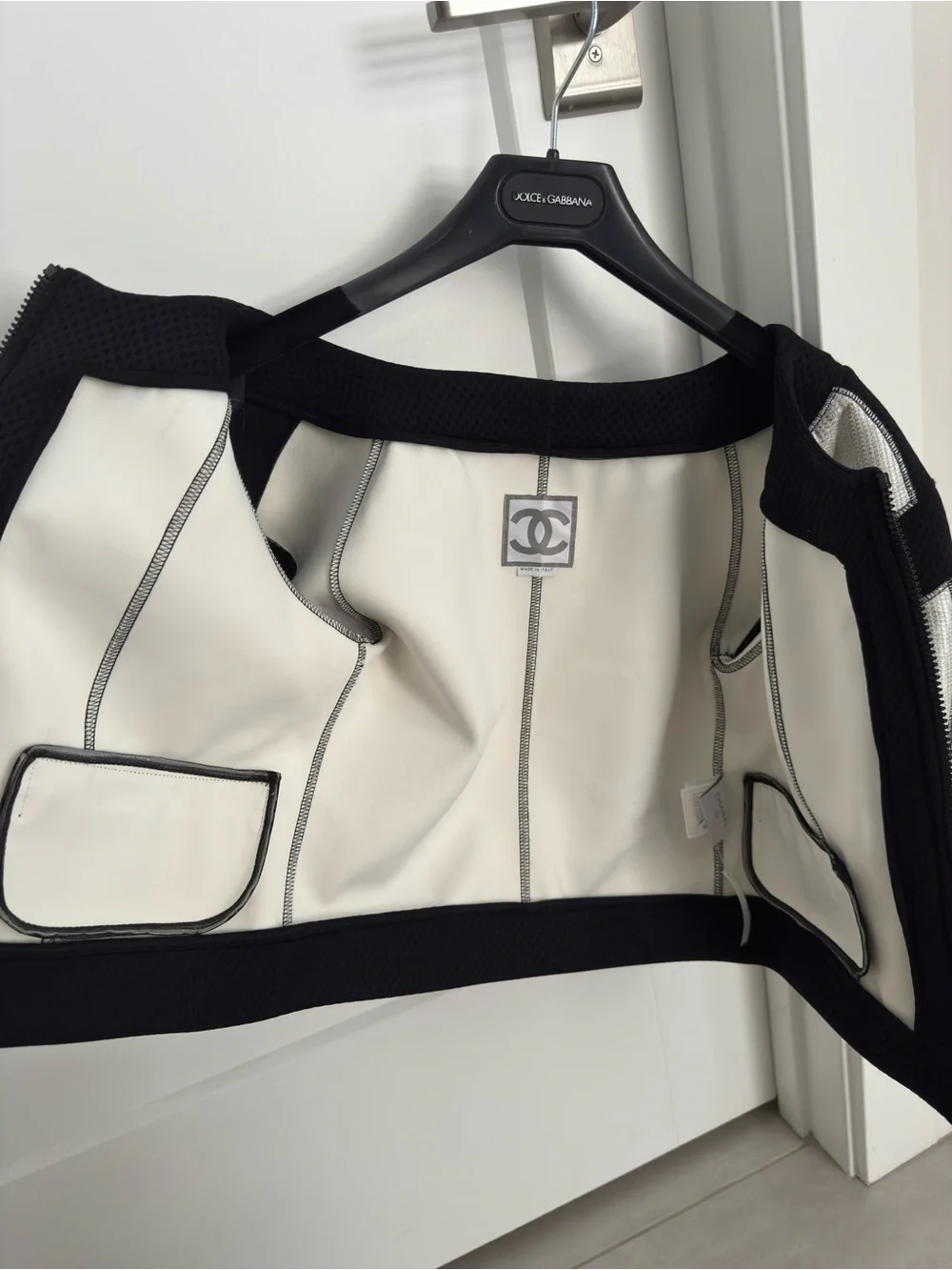 Chanel 07P Silver Metallic Black Cropped Zip Jacket - Mesh Trim Jacket